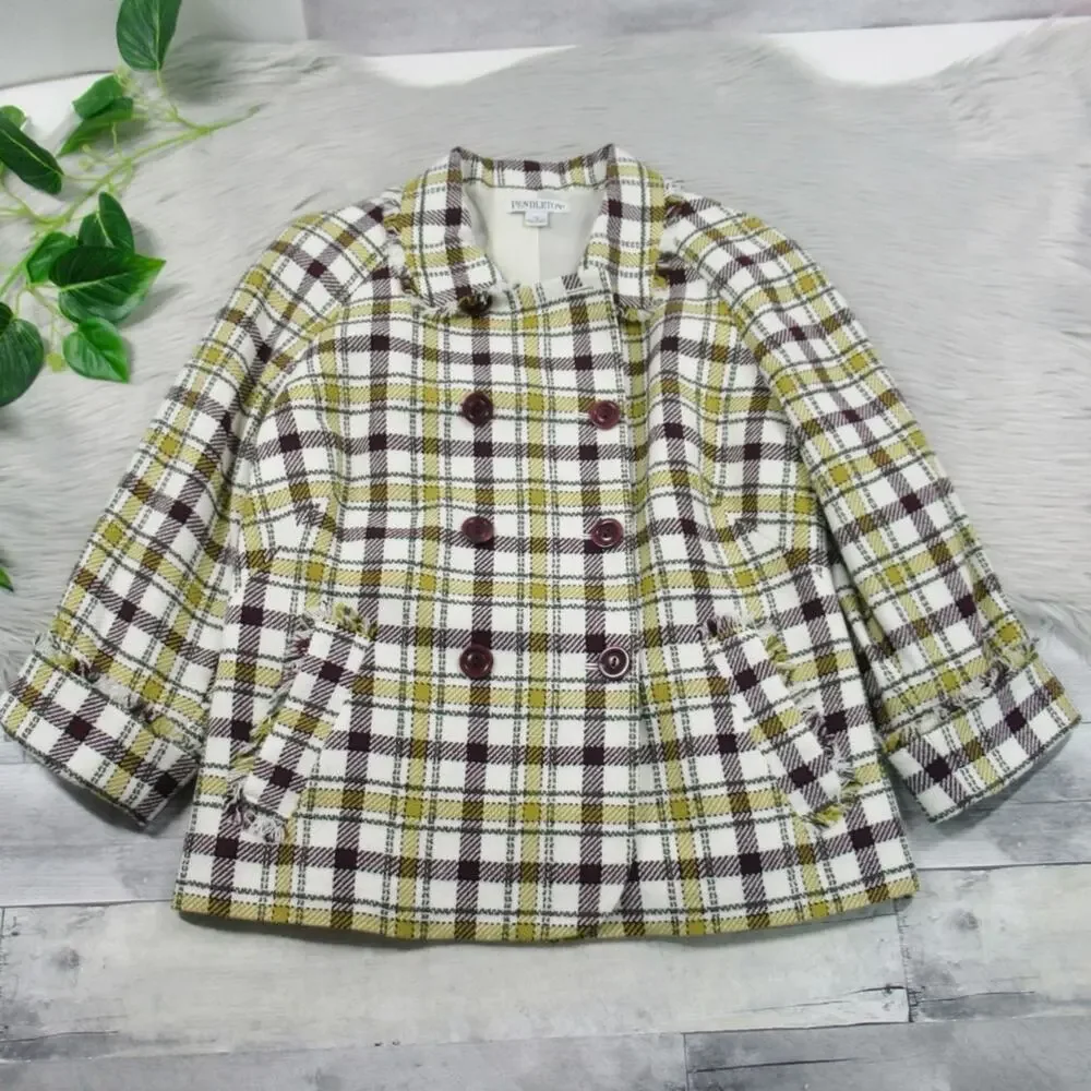 PENDLETON Plaid Tweed Jacket Double Breasted Fringe Trim Women’s Size 12